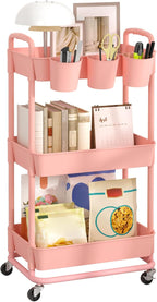 JIUYOTREE 3-Tier Plastic Rolling Storage Cart Utility Cart with Extra Hanging Cups Handles Lockable Wheels for Living Room Bathroom Kitchen Office Pink