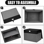 Large 17" 42 Quarts Collapsible Stackable Storage Bins with Lids [3-Pack] Foldable Fabric Linen Storage Boxes Cube, Closet Organizer Baskets with Label for Home (16.7 x 12 x 12", Black & Gray)