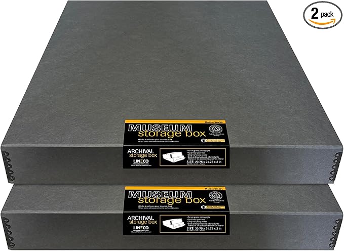 Lineco Museum Archival Storage Box, 20.75x24.75x3 in. Drop Front Design. Acid-Free with Metal Edge. Organize Photos, Pictures, Prints, Documents, Crafts, DIY. Gray, 2 Pack