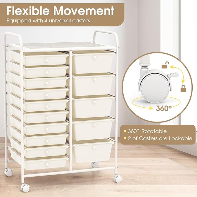 DORTALA 15-Drawer Rolling Storage Cart with Drawers, Rolling Utility Cart w/Removable Drawers & Universal Wheels, Tools Scrapbook Paper Organizer for School, Office, Home, Classroom (Ivory)