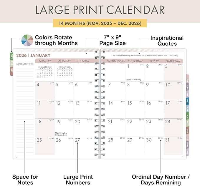 Essential PRO 2026 Daily, Weekly & Monthly Planner, 7"x9": 14 Months (Nov 2025 - Dec 2026) Monthly Tabs,Daily Tracking,Notes Pages,Storage Pocket,Bookmark w Sticky Notes (Teal Gold Marble)