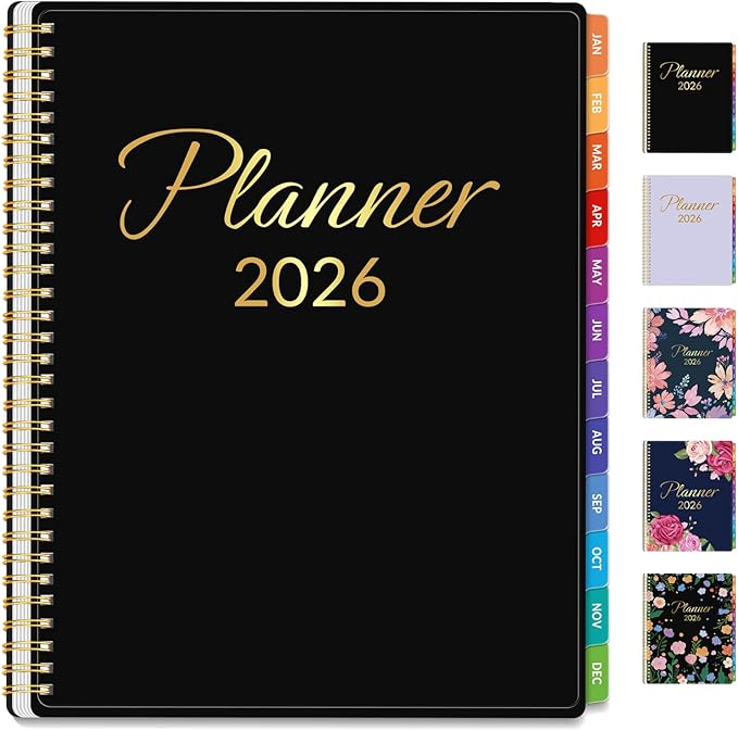 GNL 2026 Planner, Weekly and Monthly Planner January - December 2026, 8.5" x 11" Monthly Planner with Waterproof Flexible Cover, Spiral Binding Notebook with Colorful Tab, Pockets, Bookmark, Black