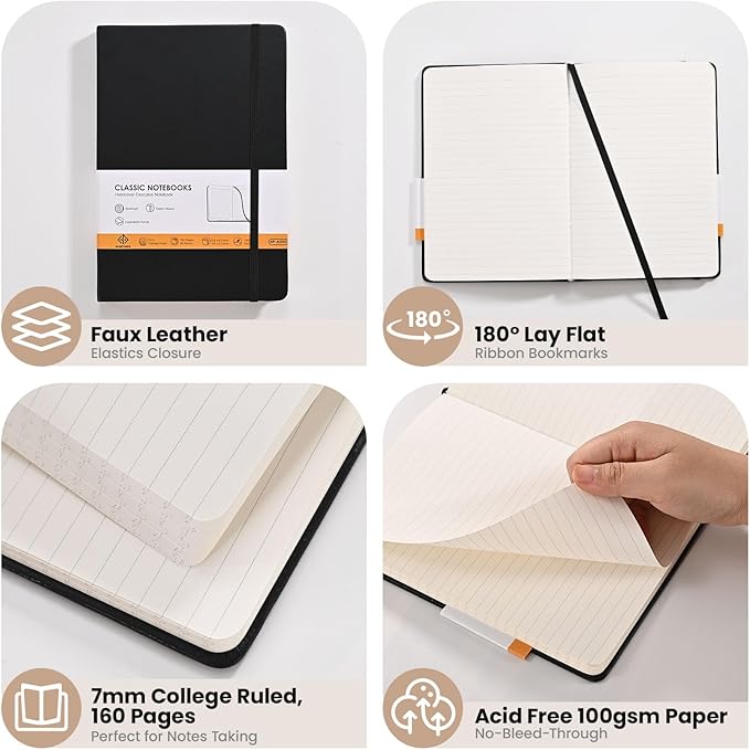 Lined Notebook Journals for Writing 5.5 x 8.2 inches, 160 Pages A5 Size with Expandable Pocket, Hardcover Notebooks for Work, 100GSM Paper (Classic Black 8 Packs)
