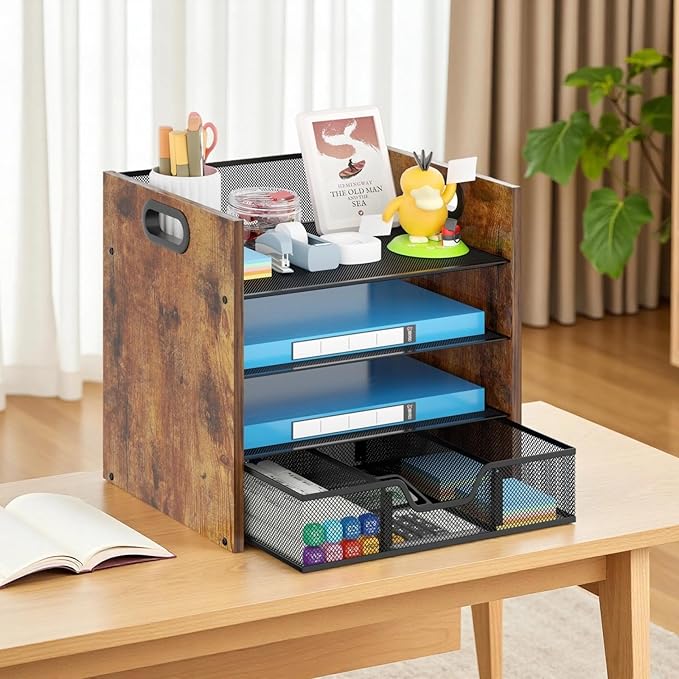 Boershun Wood Desk Organizer - 4-Tier Desktop File Organizer with Drawer, Wooden Paper Tray, Office Desk Organizer for Papers, Mail, Notebooks, Stationery