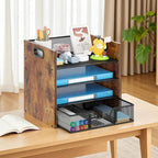 Boershun Wood Desk Organizer - 4-Tier Desktop File Organizer with Drawer, Wooden Paper Tray, Office Desk Organizer for Papers, Mail, Notebooks, Stationery
