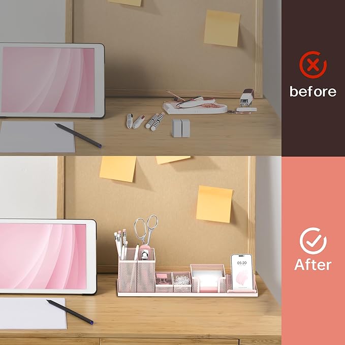 SUPEASY Pen Holder for Desk, 6 Piece Mesh Desk Organizer set for Office Organization with Mail Organizer, Letter Phone Holder, Sticky Notes Caddy Storage, Pink