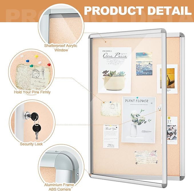 Geetery 36 x 24 Inch Enclosed Fabric Bulletin Board Tamperproof Lockable Noticeboard Fabric&Aluminium Frame Display Cases Wall-Mounted Display Case for School, Office - Secure, Durable Design(Beige)