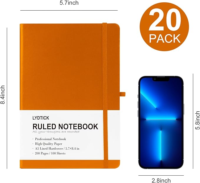 LYDTICK 20 Pack Journals for Writing College Ruled Notebooks Journal in Bulk, Hardcover Notebooks (200Pages) for Note Talking, Lined Bullet Journals for Home School Office, 5.7"x8.4", Orange