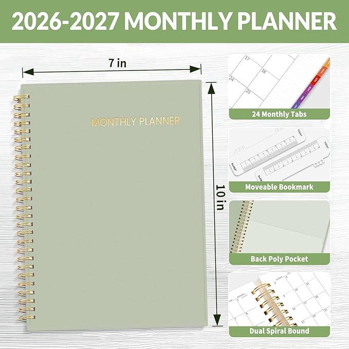 SUNEE 2026-2027 Planner - 24 Months (Jan 2026 - Dec 2027) - 7"x10" Monthly Spreads & Yearly Planner, Sage Green