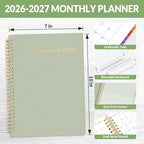 SUNEE 2026-2027 Planner - 24 Months (Jan 2026 - Dec 2027) - 7"x10" Monthly Spreads & Yearly Planner, Sage Green