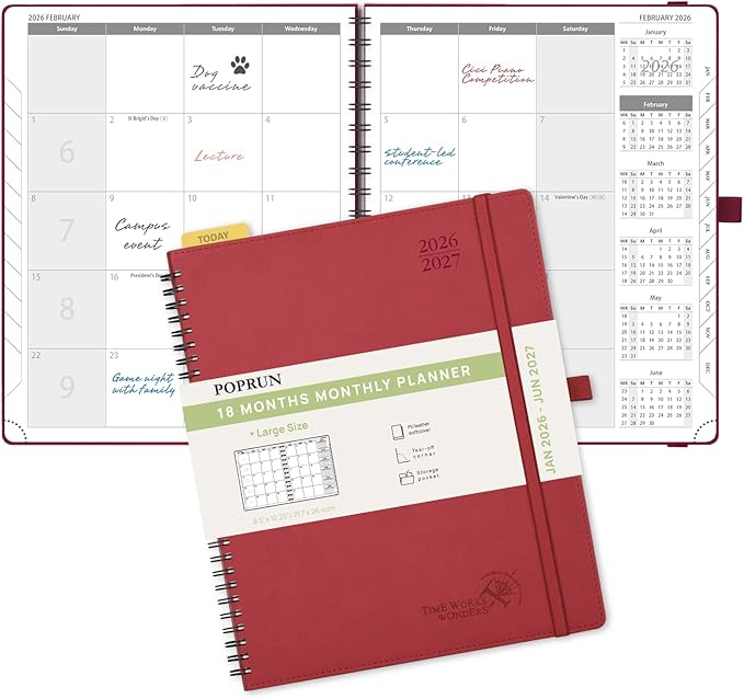 POPRUN Monthly Planner 2026-2027 (Large 8.5" x 10.5") 18 Months Calendar Book(Jan 2026 - Jun 2027) - 4 Pages per Month with Expense & Notes, Stair-like tabs, Leather Cover, Sunday Start - Burgundy