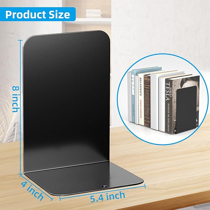 VFINE Bookends 3 Pairs, Black Metal Book Ends, Heavy Bookends for Shelves, Book Stopper for Heavy Books, Book Organizer for Home Office School Supplies