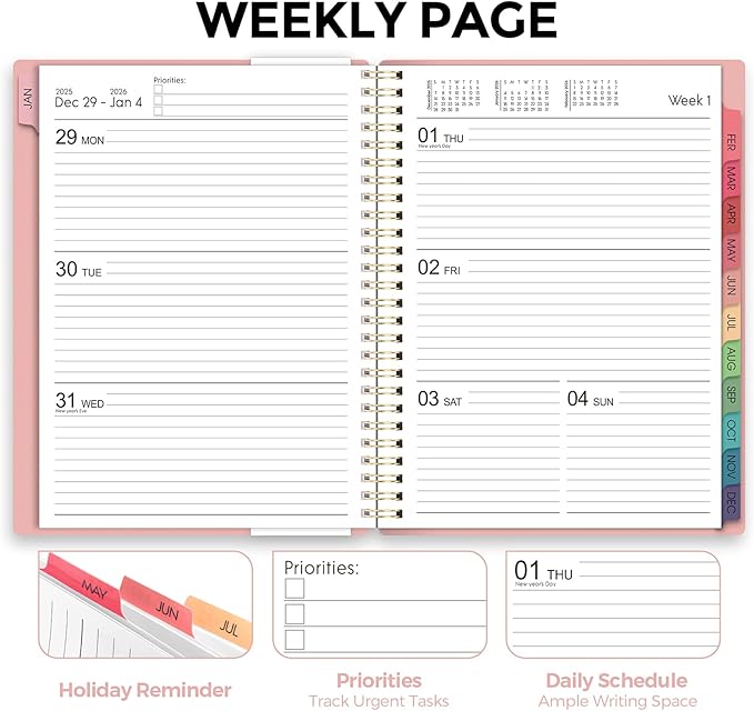 2026 Planner, Weekly and Monthly Planner, January 2026 - December 2026, 8.5" x 11" Agenda Planner with Monthly Tabs, Goal Setting & Time Management Organizer for Women, Light Pink