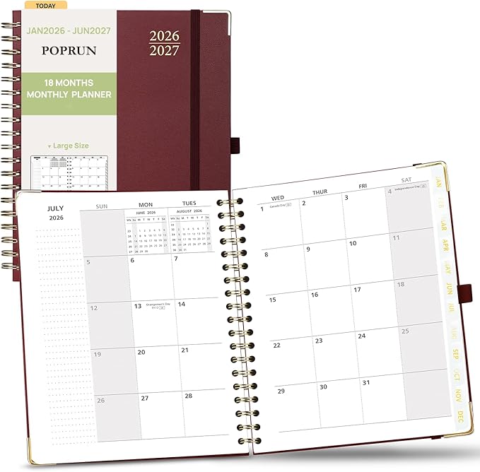 POPRUN Monthly Planner 2026-2027 Spiral Hardcover (8'' x 10''), 18 Months Calendar (Jan.2026-Jun.2027) - 2 Pages per Month with Dotted Note Pages, Sunday Start, Laminated Tab - Burgundy