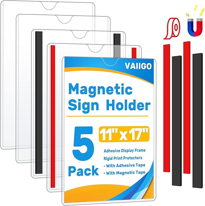 Magnetic Sign Holder 11 x 17 Adhesive Frame 5 Pack, Rigid Plastic Document Paper Holder with Magnet & Adhesive Strips, Wall Door Sign Holders Magnetic Frame for Office Home Store Restaurant