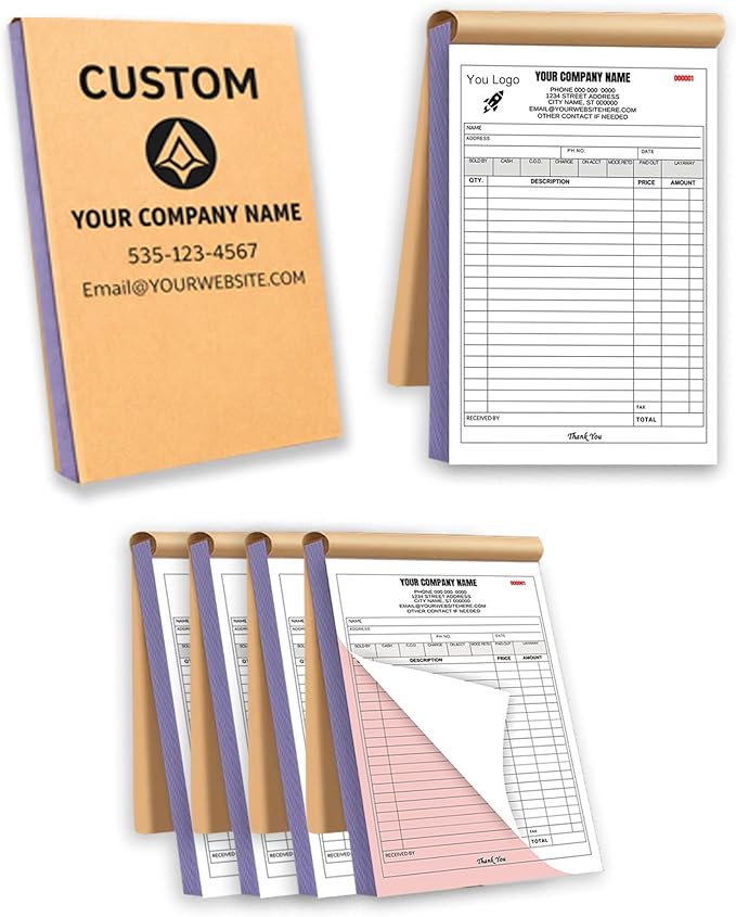 Custom Carbonless Invoice Book with Logo, Personalized Cover & Inner Pages, 2 Part NCR Receipt & Work Order Forms, Easy Tear, Writing Shield for Small Business (2-Part [White/Red], 10.24 * 7.48INCH)