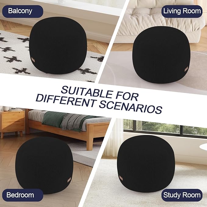 MeMoreCool Stuffed Round Pouf Ottoman Foot Rest, Floor Pouf Foot Stool with Soft Foam Chunk Filling, Small Round Ottoman Footstool Circle Footrest for Living Room, Black