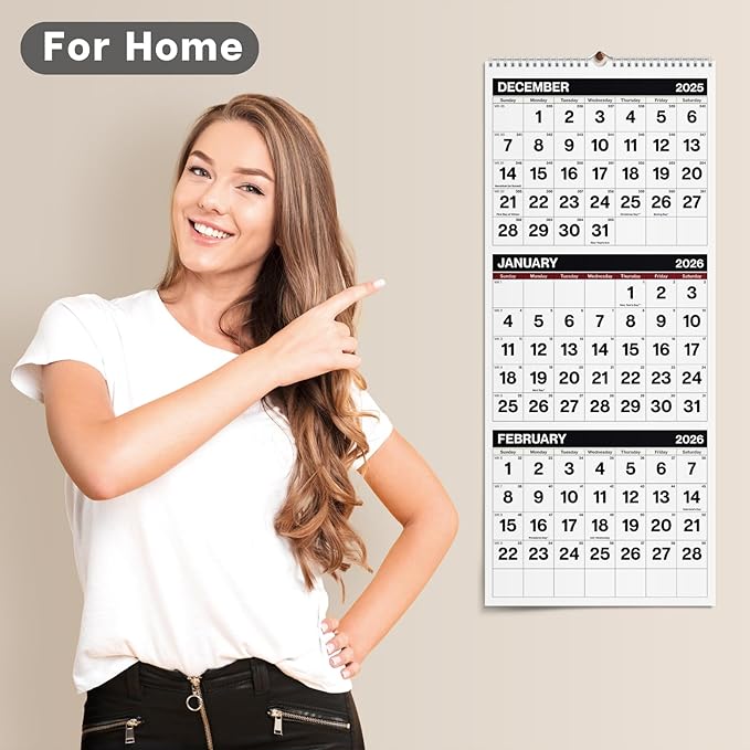 Dunwell 3-Month Wall Calendar 2026, Large Monthly Hanging Calendar with Big Bold Numbers, Easy to Read from a Distance, Use to Dec 2026, For Office or Home, 11x26 Open, Ships Folded
