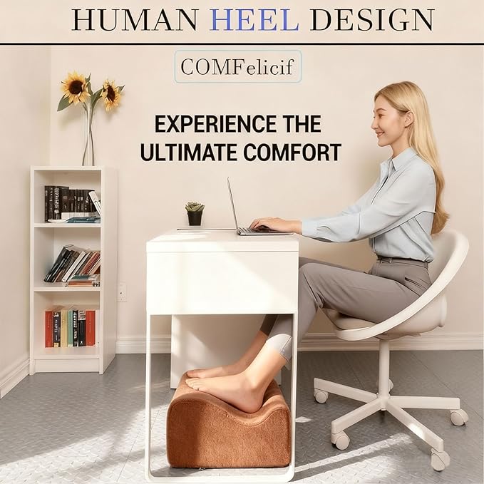 COMFelicify Foot Rest for Under Desk at Work, Ergonomic Under Desk Footrest with Washable Cover, Memory Foam Foot Stool for Office Chair & Gaming Chair, Back & Hip Pain Relief, Brown