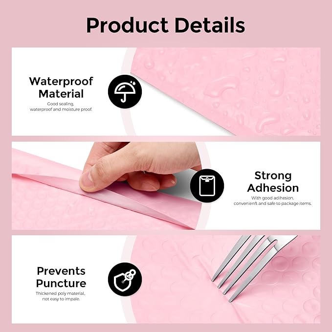 Metronic 500PC Bubble Mailers 8.5X12 Inch Light Pink Waterproof Padded Envelopes,Self-Seal Bubble Mailers Cushioning Bubble Envelopes for Shipping,Jewelry Makeup Supplies, Packaging Bulk