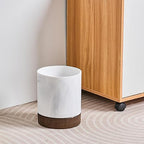 Polytree White Marble and Brown Wood Round Wastebasket, Resin Small Round Bathroom Trash Can 2.5 Gal(9 Liter) Small Kitchen Garbage Can,Living Room Bedroom Trash Can, Decor Wastebasket for Home Office