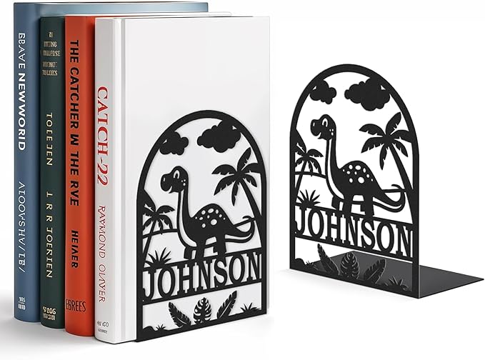 Personalized Name Book Ends Metal, Heavy Duty Bookends for Shelves Decorative, Dinosaur Non-Slip Book Stopper, Home Office Desk Modern Bookshelf Decor, Customized Gifts Color06