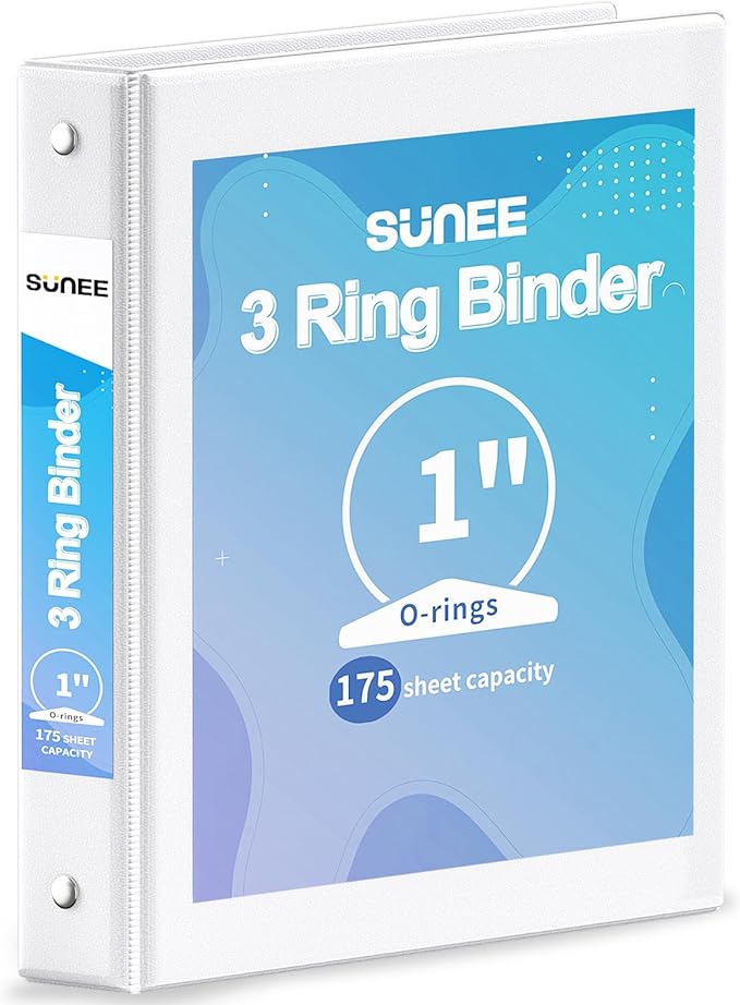 SUNEE 3 Ring Binder 1 Inch 1 Pack, Clear View Binder Three Ring PVC-Free (Fit 8.5x11 Inches) for School or Office Supplies, White