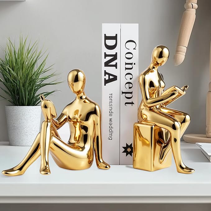 TYGKROF Decorative Bookends,Ceramic Statue Book Ends,Home Office Modern Bookends,Decor Aesthetic Reading Book Holders for Bookshelf,Bedroom Living Room Decoration Unique Bookends (Gold)