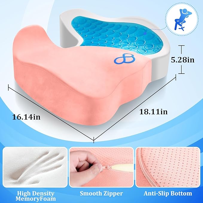 CushyOasis Seat Cushion, Chair Cushions, Office Chair Cushions, Anti-Slip Bottom & Removable Cover Tailbone Pain Relief Cushion, Memory Foam Seat Cushion, 5.28 in Thick (Pink)
