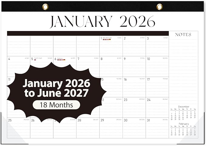 Desk Calendar 2026, Monthly Desktop Large Calendar (Jan 2026 - Jun 2027) 17" x 12" Desk Wall Planner for Family Teacher School Office Supplies, Black-White