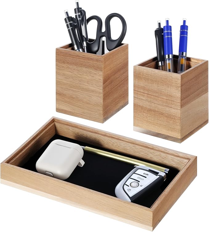Kifmurase Wooden Desk Tray with 2 PCS Pen Holder, Wood Desk Drawer Organizer with Felt Lined, Aesthetic Organizer Tray& Pen Holder Office Home Desktop Accessories for Keys Pencils Watch Earbuds