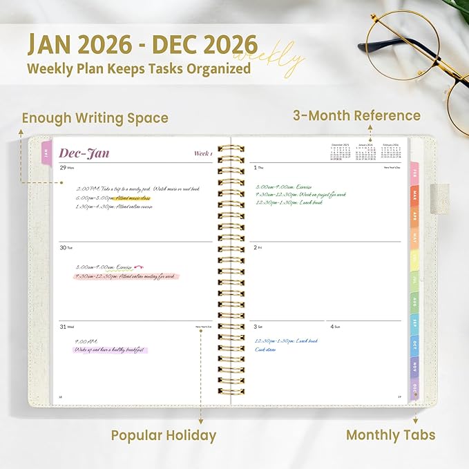 2026 Planner, Annecy Weekly ＆ Monthly Planner 2026, Jan. 2026 – Dec. 2026, 6.4" x 8.5" Monthly Agenda Planner with Tabs, Flexible Linen Cover, Spiral Binding, Double-sided Pocket, Bookmark, Beige