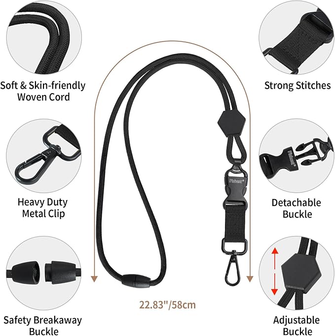 Fishent Breakaway Neck Lanyards for ID Badges, Adjustable Sturdy Round Cord Heavy Duty Key Lanyard with Detachable Buckle for Men Women Car Keys Card Holder (Black)