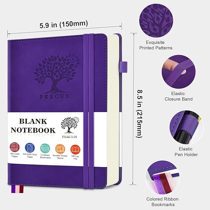 PERCUN Blank Journal Ntebook for Men & Women, 160 Pages Blank Journals for Writing, Drawing,Sketch Book,5.9" x 8.5" Leather Sketchbook, Unlined Notebook for Work, School, Art (Purple)