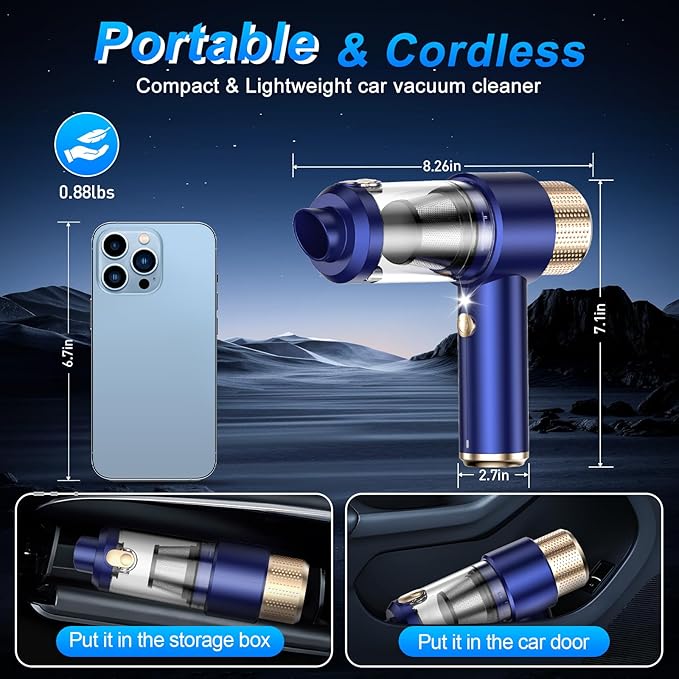 SHLNLI Mini Vacuum Cleaner, 15000PA Car Vacuum Cleaner Portable Cordless with LED Light, 4 in 1 Air Duster and Handheld Small Vacuum Rechargeable for Car, Home, Office, Pet（Blue）