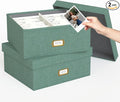 Decorative Photo Storage Box - 2 Pack Linen Photo Box Organizer with Dividers, Fits Holds Up to 1700 Pictures and 4x6 Photos, Memory Keepsake Organizer for Scrapbook Supplies, Cards, Stamps (Green)