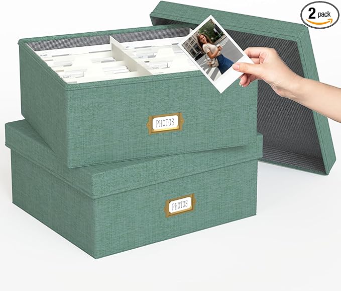 Decorative Photo Storage Box - 2 Pack Linen Photo Box Organizer with Dividers, Fits Holds Up to 1700 Pictures and 4x6 Photos, Memory Keepsake Organizer for Scrapbook Supplies, Cards, Stamps (Green)