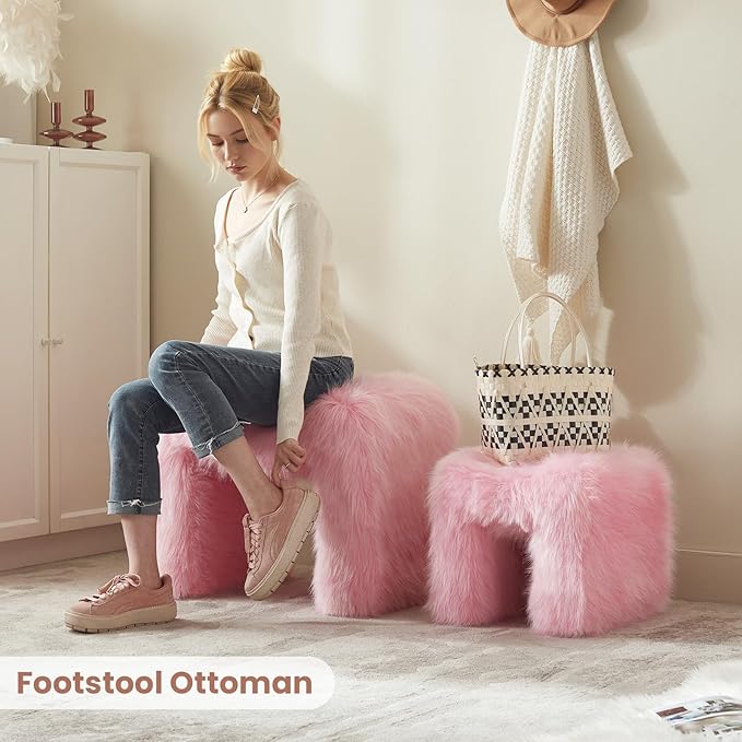 ZYKZYK Small Ottoman Set of 2 Vanity Stool Chair with Modern Ottoman Foot Rest M-Shaped Design for Bedroom Entryway Makeup Vanity Entryway (2-in-1) Pink