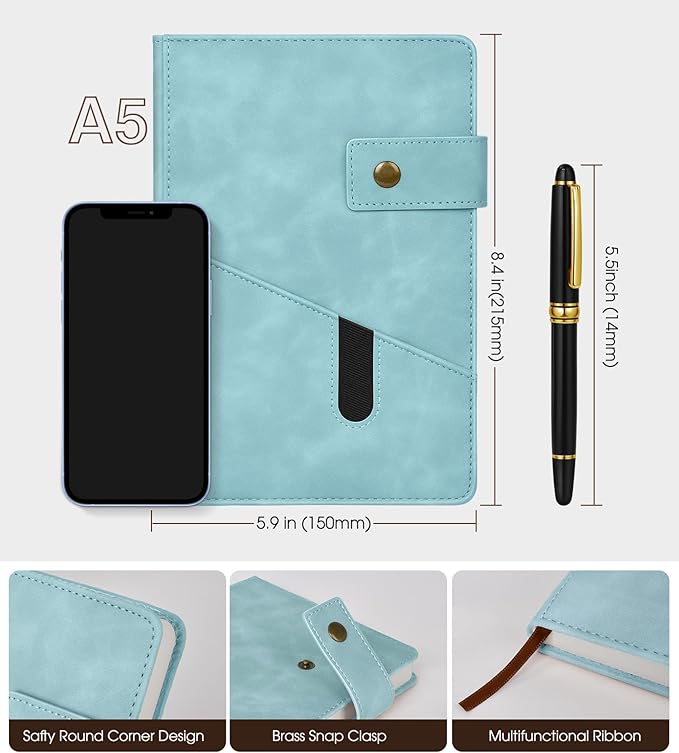 vfaejll A5 Lined Leather Journal Notebook for Men Women,5.9" X 8.4" Hardcover Journal with Pen,200 Pages 100 Gsm Thick Ruled Paper Daily Diary for School,Travel,Business,Work,Home Writing