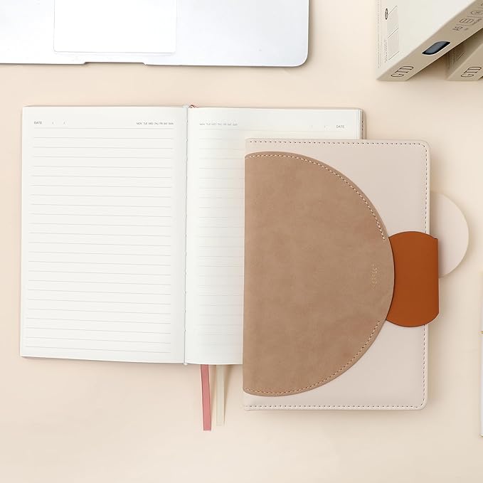 CAGIE Lined Journal for Women, 100GSM 192 Pages Leather JournalS for Writing with Buckle Closure,A5 Hardcover Diary Journaling Notebooks for Business Work School Note Taking 5.9" x8.5 (Brown & Pink)