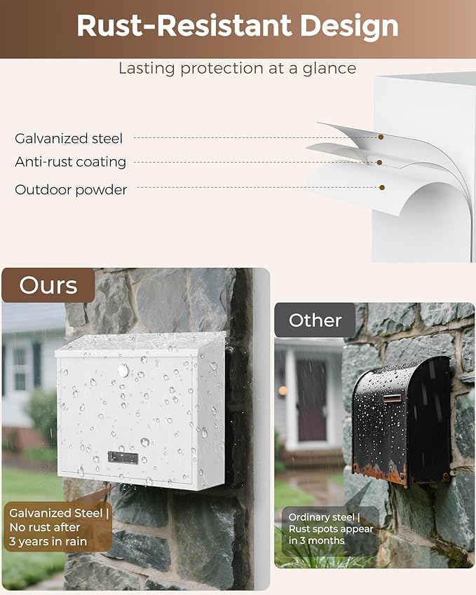 LAND·VOI Locking Wall-Mount Mailbox for Outside, with 4 Keys, Galvanized Steel Rustproof Metal Postbox, 4" Dx13.8 Wx11.2 H, Includes 3 Sets of Mailbox Numbers, Nameplate, White