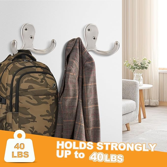 15 Pack Coat Hooks Wall Hooks for Hanging, Heavy Duty Double Prong Metal Hook Wall Mounted for Living Room, Bathroom, Kitchen, Bedroom for Coat, Bag, Scarf, Towel, Hat, Key, Cup (Silver)