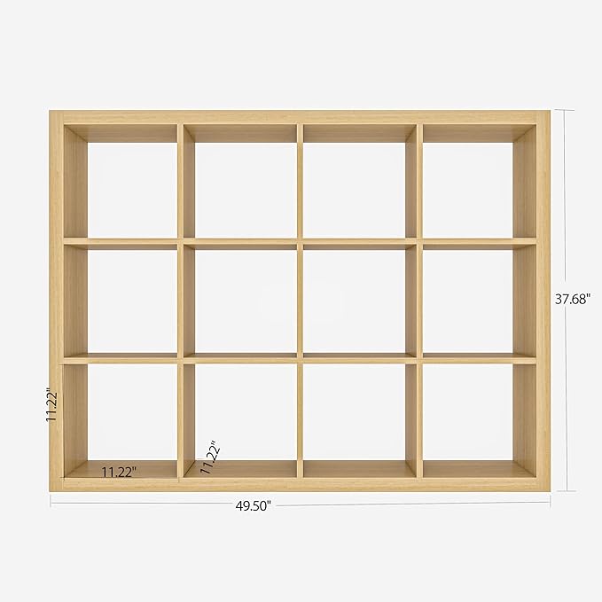 furtble Bookshelf with Storage Bins, 12-Cube Storage Organizer, Modern Wood Open Bookcase, Multifunctional Display Shelf for Living Room, Bedroom, Home Office, Oak