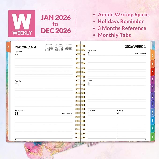 SUNEE 2026 Weekly and Monthly Planner - from January 2026 - December 2026, Daily Agenda Planner with Monthly Tab, Flexible Cover, Note Pages, Pockets, Bookmark, Spiral Binding, Marble, 6.4" x 8.3"
