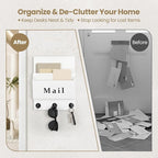 Lucundm Mail and Key Holder - Decorative 8.86" x 11.42" Wall Key Hanger with 2 Mail Organizer Slots and 3 Hooks - Real Paulownia Wood with Keyhole Brackets, Hardware and Instructions (White)