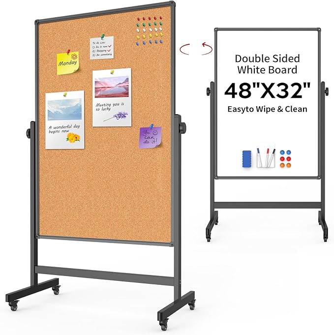 Double-Sided Corkboard Whiteboard, 32 x 48 Inches Dry Erase Board on Wheels, Height Adjustable, Portable Freestanding Board for Office, Planning, and Presentations (Cork & Black)