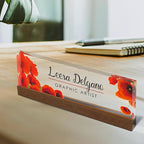 Artblox Office Personalized Name Plate for Desk with Business Card Holder On Clear Acrylic Glass Poppy Flowers Design Custom Desk Name Plate with Your Name and Credentials Customized Gift