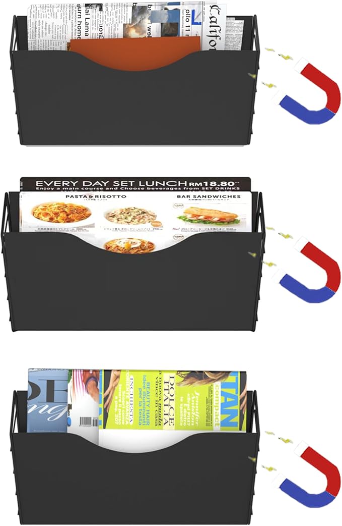 3 Pockets Magnetic File Holder for File Cabinets, Refrigerator, Whiteboard, Magnetic Paper Organizer, Magnetic Mail or Folder Holder,Magnetic Magazine Rack,Wall Mount Hanging Mail Organizer (black)