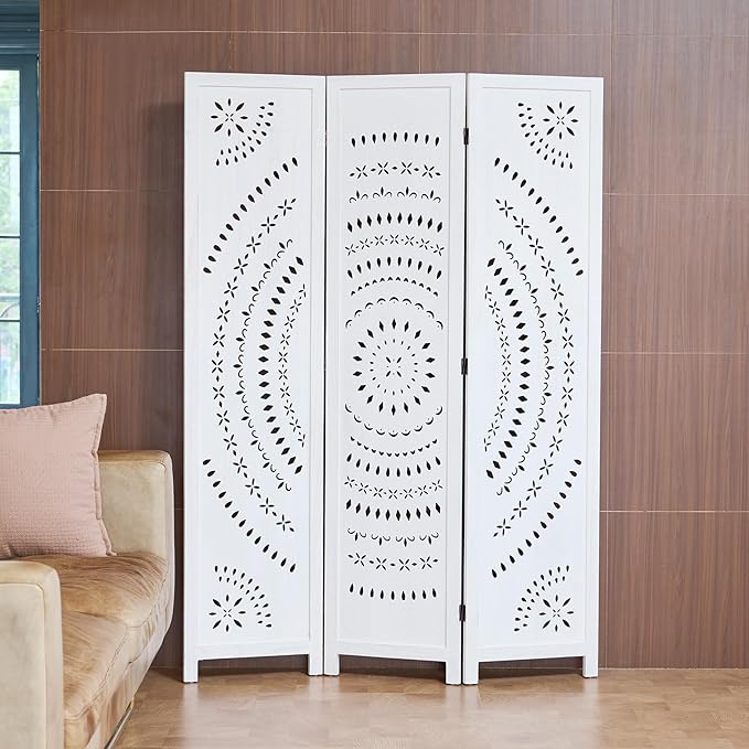 66.9Inch Folding Room Divider, 3 Panels Wood Carved Privacy Screens, Free Assembled Freestanding Partition for Home Office Restaurant Bedroom (White-Washed)