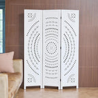 66.9Inch Folding Room Divider, 3 Panels Wood Carved Privacy Screens, Free Assembled Freestanding Partition for Home Office Restaurant Bedroom (White-Washed)